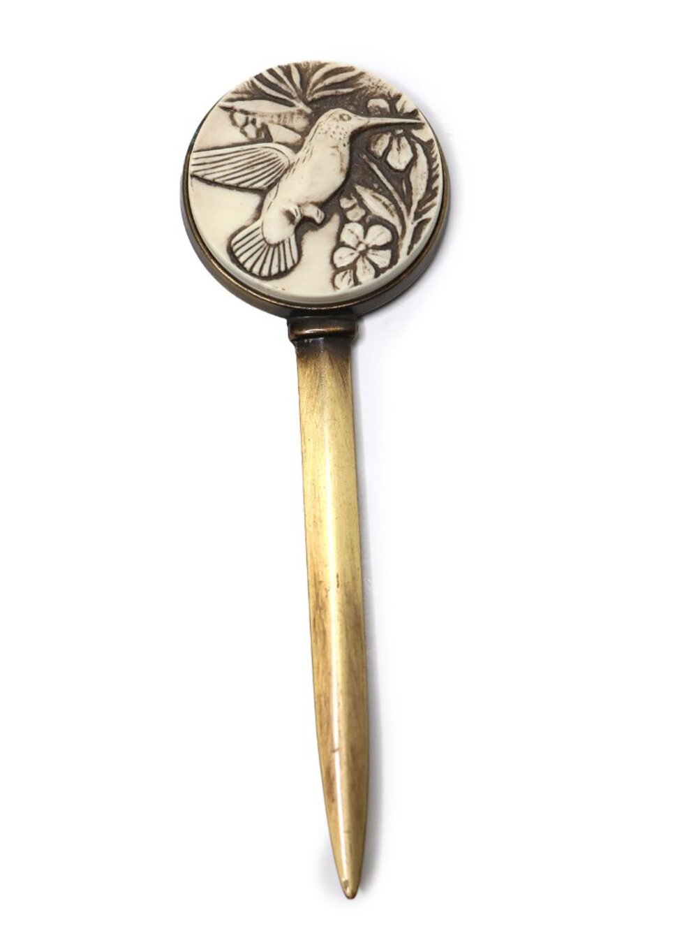 Vintage Hummingbird Letter Opener Faux Cinnabar Scrimshaw Style Made in Canada